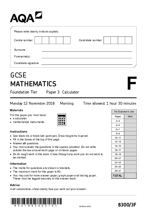 Mathematics 8300/3F November 2018