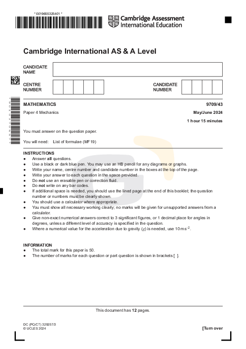 Mathematics 9709/43 May June 2024 | Cambridge AS & A Level Past Papers With Mark Scheme