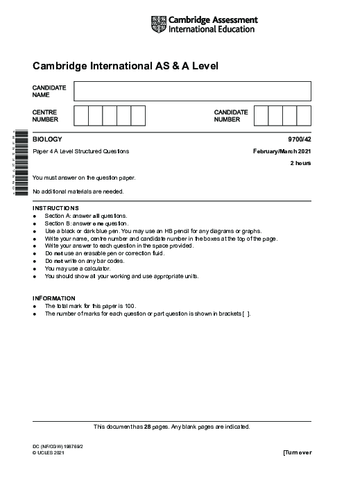 Biology 9700/52 March 2021 | Cambridge AS Level Past Papers With Mark Scheme