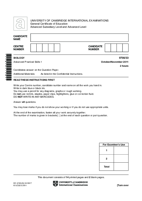 Biology 9700/23 Oct Nov 2011 | Cambridge AS Level Past Papers With Mark Scheme