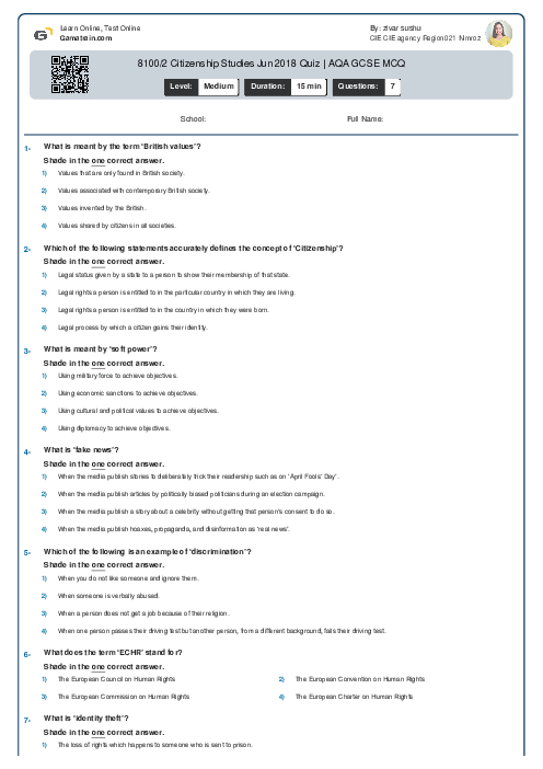 8100/2 Citizenship Studies Jun 2018 Quiz | AQA GCSE MCQ
