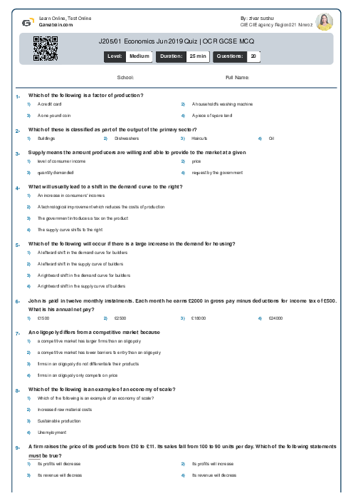  J205/01 Economics Jun 2019 Quiz | OCR GCSE MCQ