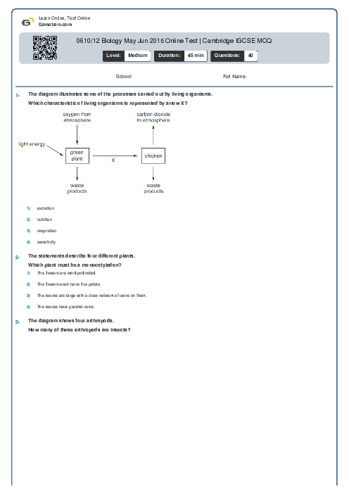 0610/12 Biology May Jun 2015 Online Test | Cambridge IGCSE MCQ
