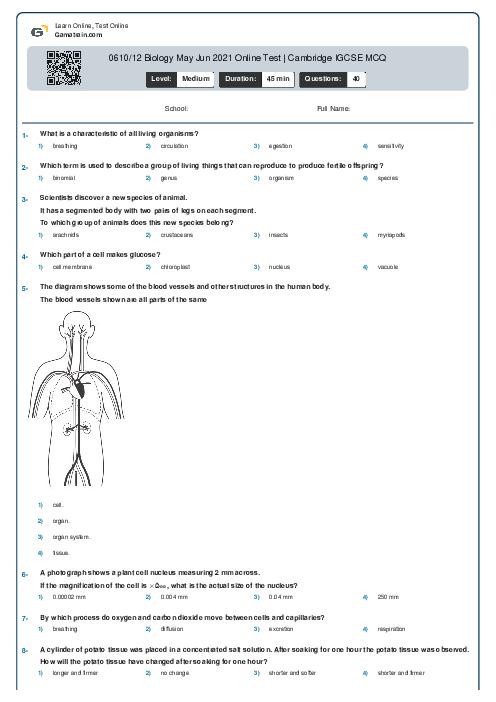 0610/12 Biology May Jun 2021 Online Test | Cambridge IGCSE MCQ