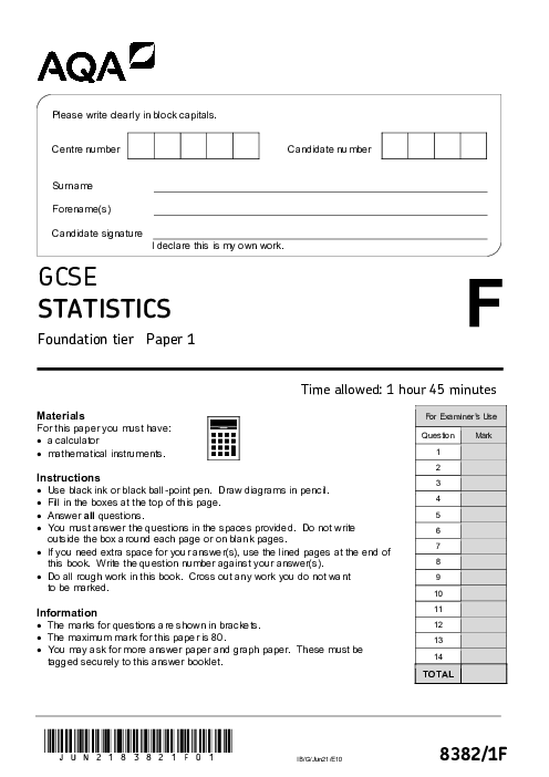 Statistics 8382/1F June 2021