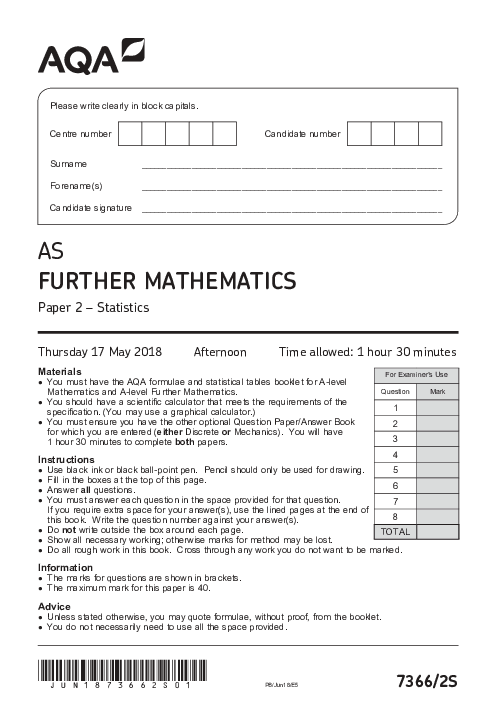 Further Mathematics 7366 Paper 2S June 2018, AQA AS-Level Past Papers with Mark Schemes