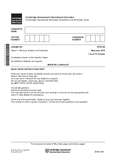 Chemistry 9701/53 May June 2019 | Cambridge AS Level Past Papers With Mark Scheme