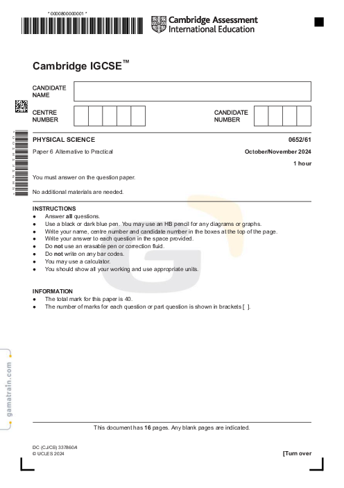 Physical Science 0652/61 Oct Nov 2024