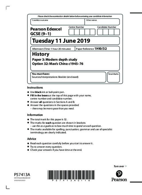  History  1HI0/32 June  2019 | Edexcel  GCSE Past Papers With Mark Scheme