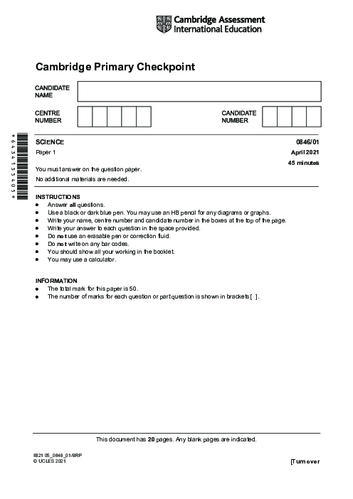 SCIENCE 0846,01 April 2021 | Cambridge Primary Checkpoint Past Papers with Mark Schemes