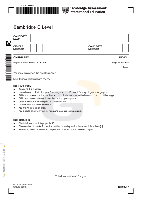 Chemistry 5070/41 May June 2025