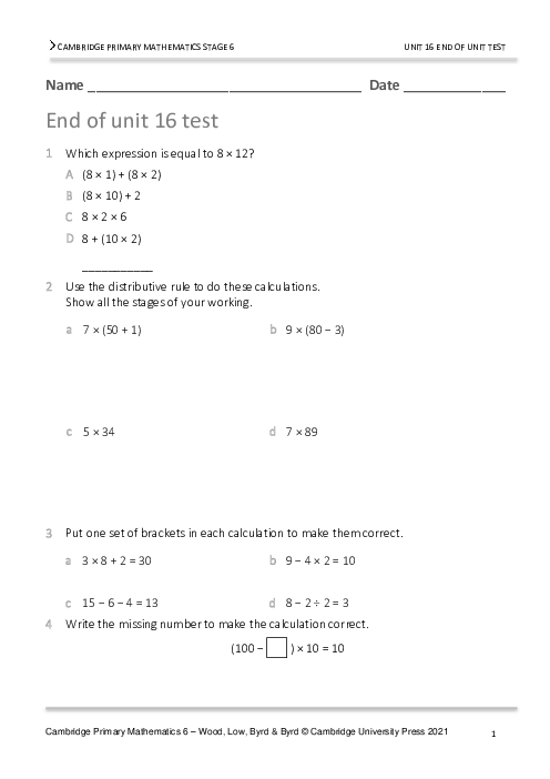 Year 6 Mathematics End of Unit 16 Test - Answers Included