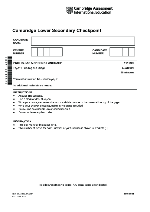 ENGLISH AS A SECOND LANGUAGE 1110,01 April 2021 | Cambridge Lower secondary Checkpoint Past Papers with Mark Schemes