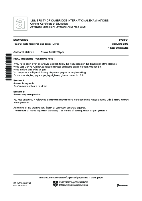 Economics 9708/31 May June 2013 | Cambridge AS Level Past Papers With Mark Scheme