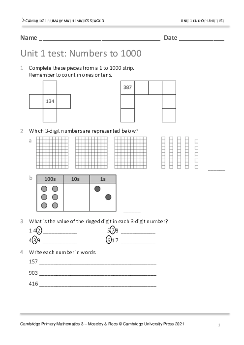 Year 3 Mathematics End of Unit 1 Test - Answers Included