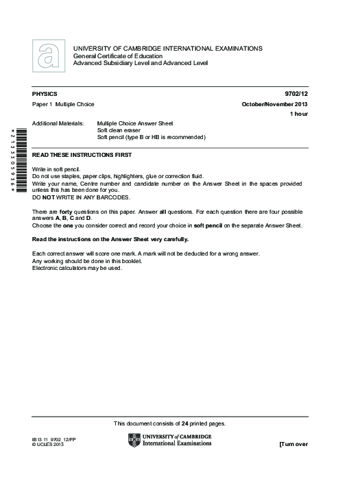 Paper 1, Variant 2, Oct Nov 2013 | Cambridge AS - A Level Physics (9702) Past Papers