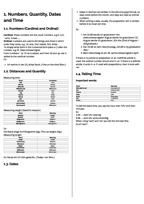  German First Language (0505) Numbers, Quantity, Dates and Time Revision Note
