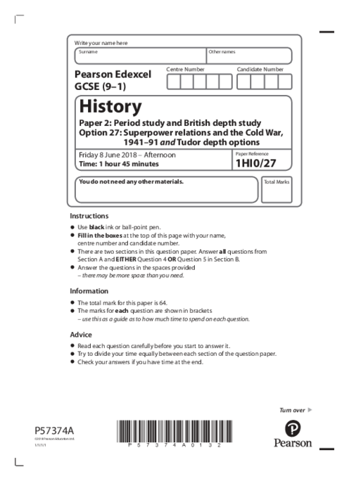  History  1HI0/27 June  2018 | Edexcel  GCSE Past Papers With Mark Scheme