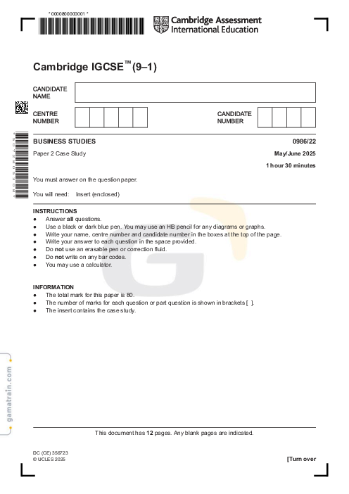 Business Studies 0986/22 May June 2025