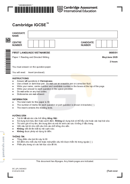 Vietnamese First Language 0695/01 May June 2025