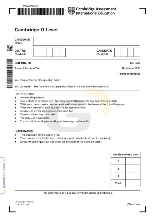 Chemistry 5070/32 May June 2025