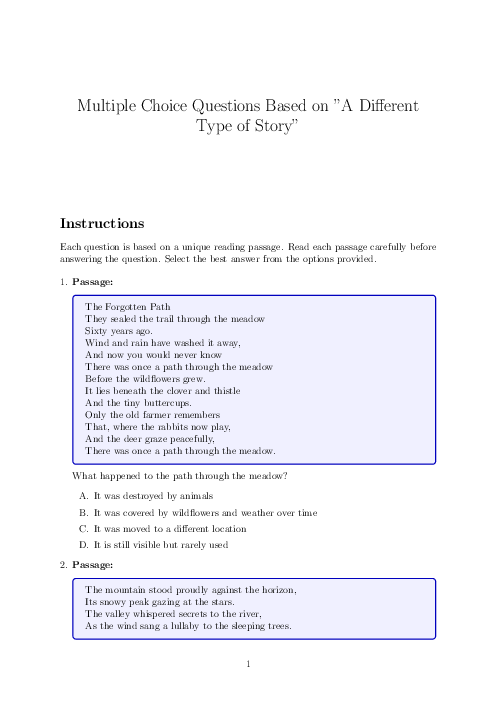 English 5 | A Different Type of Story - Topical Quiz