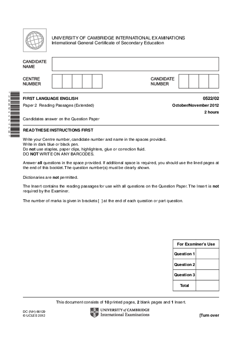 English-First Language (UK) 0522/02 Oct Nov 2012