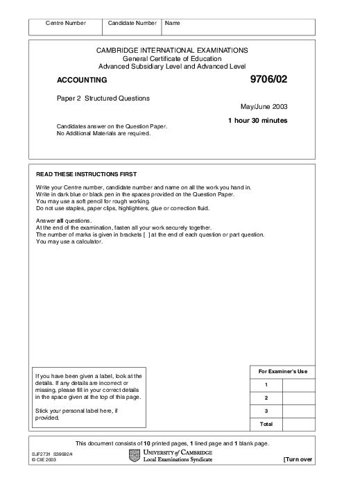 Paper 3, May June 2003 | Cambridge AS and A Level Accounting (9706) Past Papers