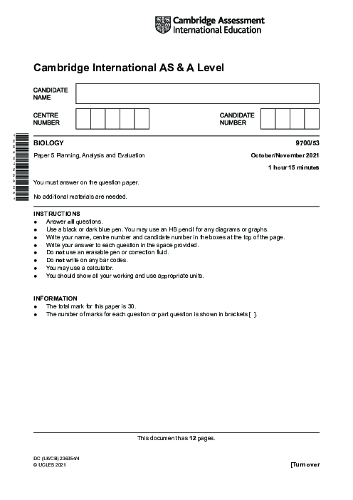 Biology 9700/12 March 2022 | Cambridge AS Level Past Papers With Mark Scheme