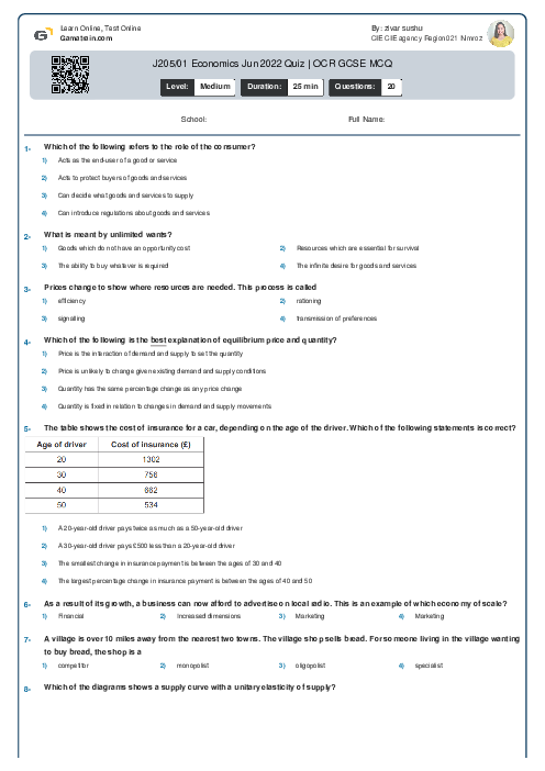  J205/01 Economics Jun 2022 Quiz | OCR GCSE MCQ