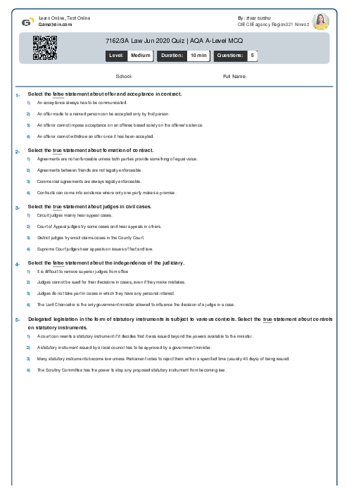  7162/3A Law Jun 2020 Quiz | AQA A Level MCQ