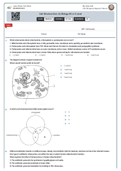 Cell Structure Quiz (5) Biology AS Level