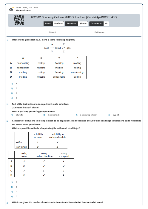 0620/12 Chemistry Oct Nov 2012 Online Test | Cambridge IGCSE MCQ