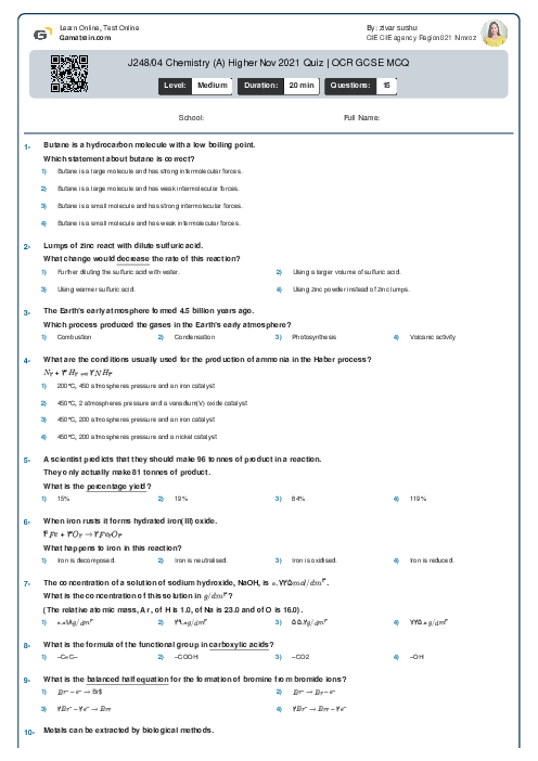 J248/04 Chemistry (A) Higher Nov 2021 Quiz | OCR GCSE MCQ