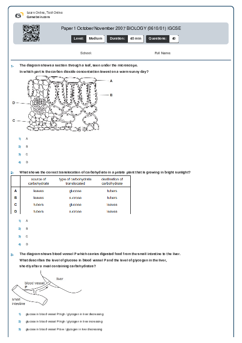 Paper 1 October/November 2007 BIOLOGY (0610/01) IGCSE