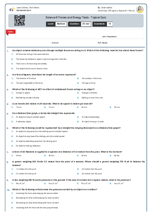 Science 8 Forces and Energy Tests - Topical Quiz