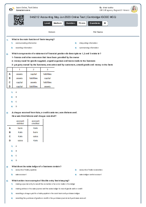 0452/12 Accounting May Jun 2023 Online Test | Cambridge IGCSE MCQ