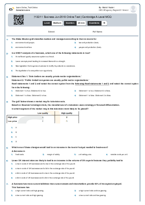 7132/11  Business Jun 2018 Online Test | AQA A Level MCQ