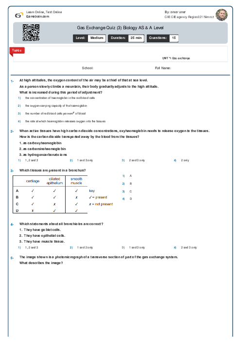 Gas Exchange Quiz (3) Biology AS Level