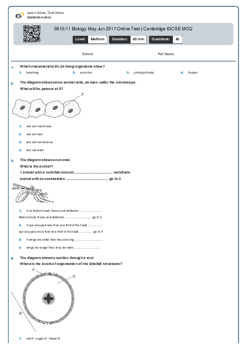 0610/11 Biology May Jun 2017 Online Test | Cambridge IGCSE MCQ
