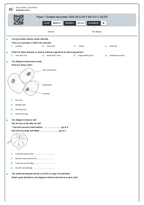 Paper 1 October/November 2006 BIOLOGY (0610/01) IGCSE