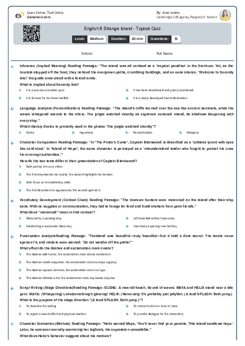  English 8 | Strange Island - Topical Quiz