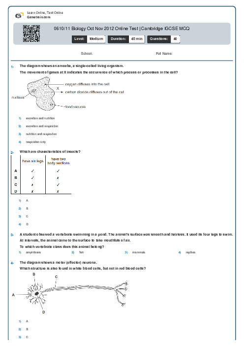 0610/11 Biology Oct Nov 2012 Online Test | Cambridge IGCSE MCQ