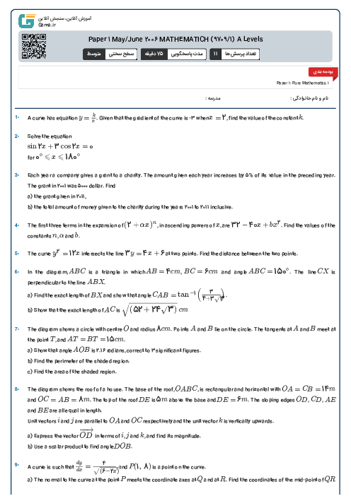 Paper 1 May/June 2006 MATHEMATICH (9709/1) A Levels