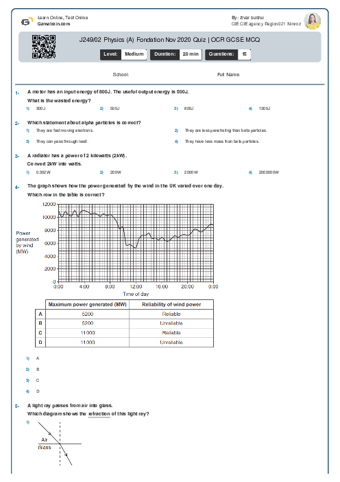 J249/02 Physics (A) Foundation Nov 2020 Quiz | OCR GCSE MCQ