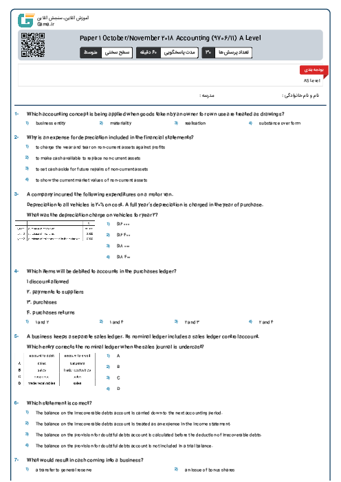 Paper 1 October/November 2018 Accounting (9706/11) A Level