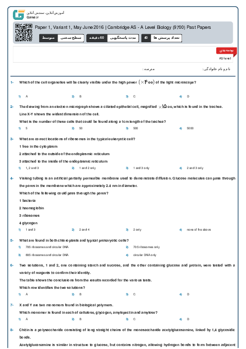 9700/11 Biology May Jun 2016 Online Test | Cambridge AS and A Level MCQ