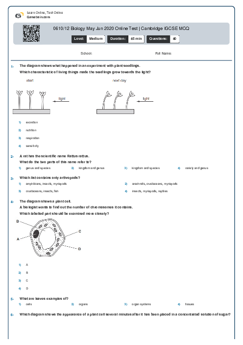 0610/12 Biology May Jun 2020 Online Test | Cambridge IGCSE MCQ