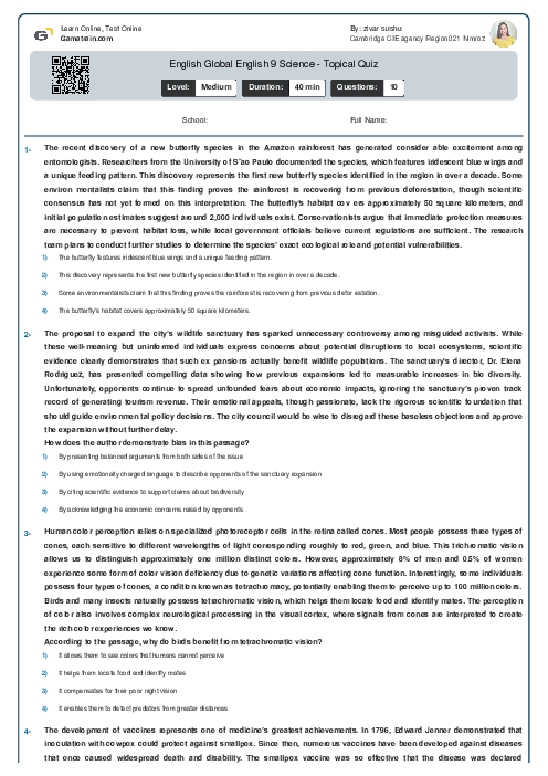 English Global English 9 Science - Topical Quiz