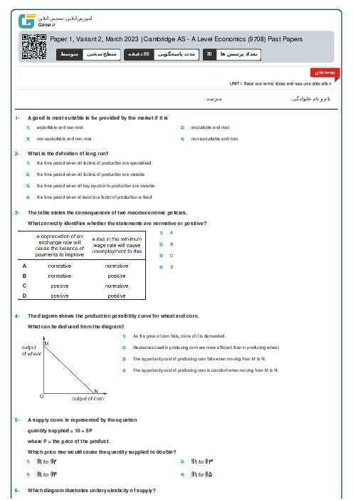 9708/12 Economics Feb Mar 2023 Online Test | Cambridge AS and A Level MCQ